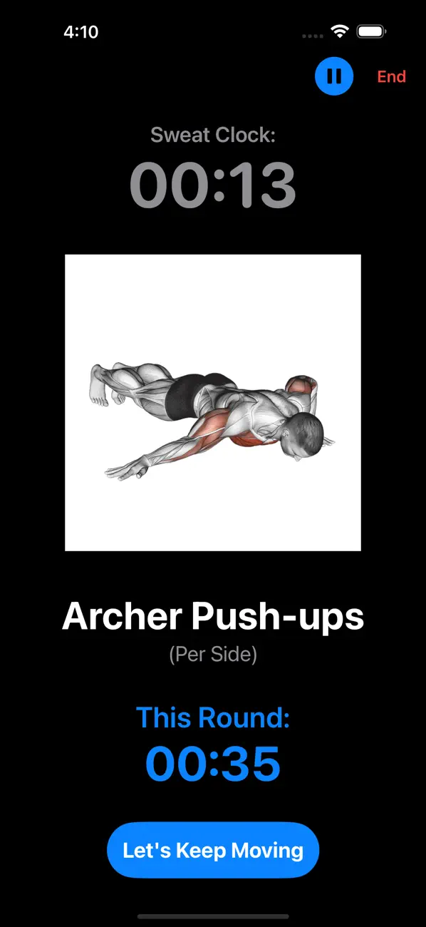 CaLUCKthenics workout screen with an Archer Push-ups demonstration and interval countdown