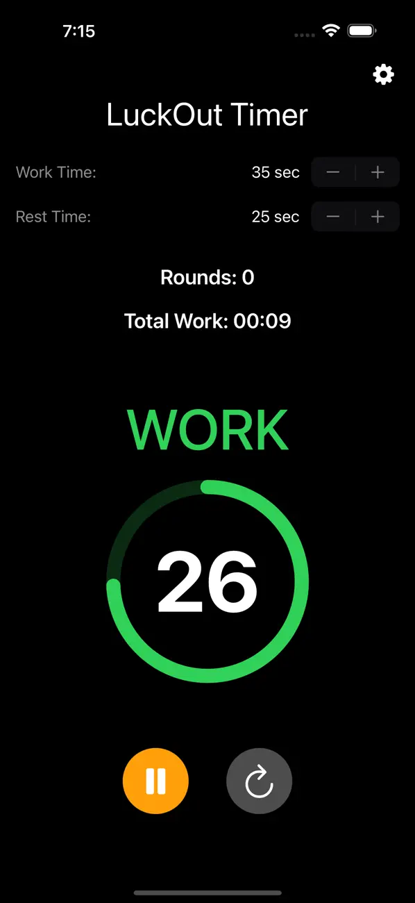 LuckOut Timer showing a green work interval with 26 seconds remaining