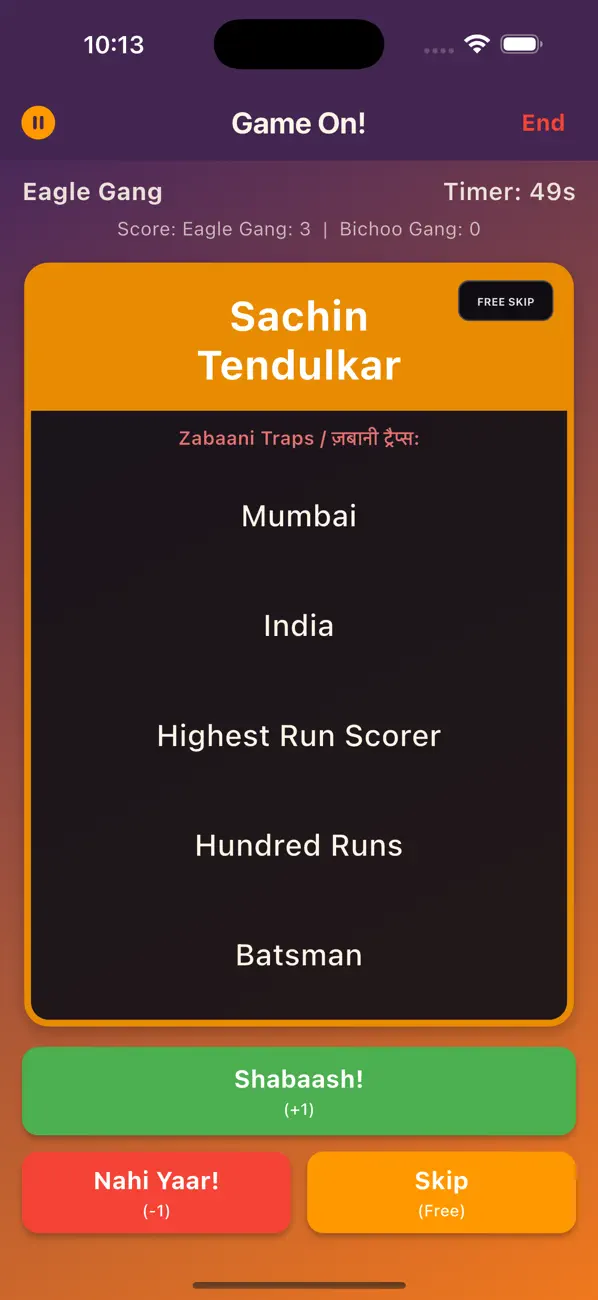 Zabaan Sambhal Ke Sachin Tendulkar card with five forbidden clue words and scoring controls