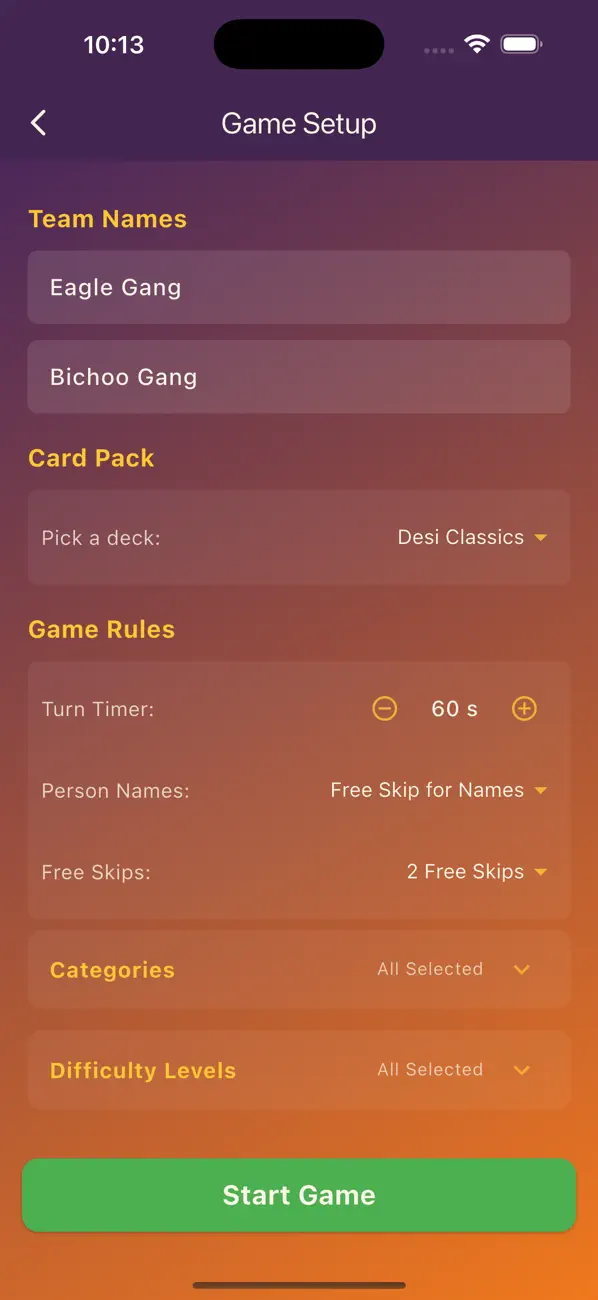 Zabaan Sambhal Ke setup with team names, decks, turn timer, and rule options